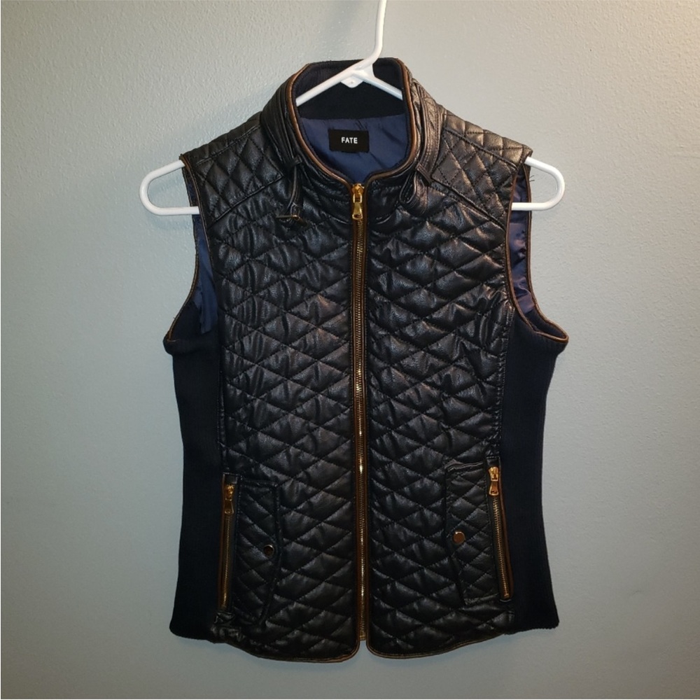 Fate navy and brown Quilted Vest with Gold Zipper